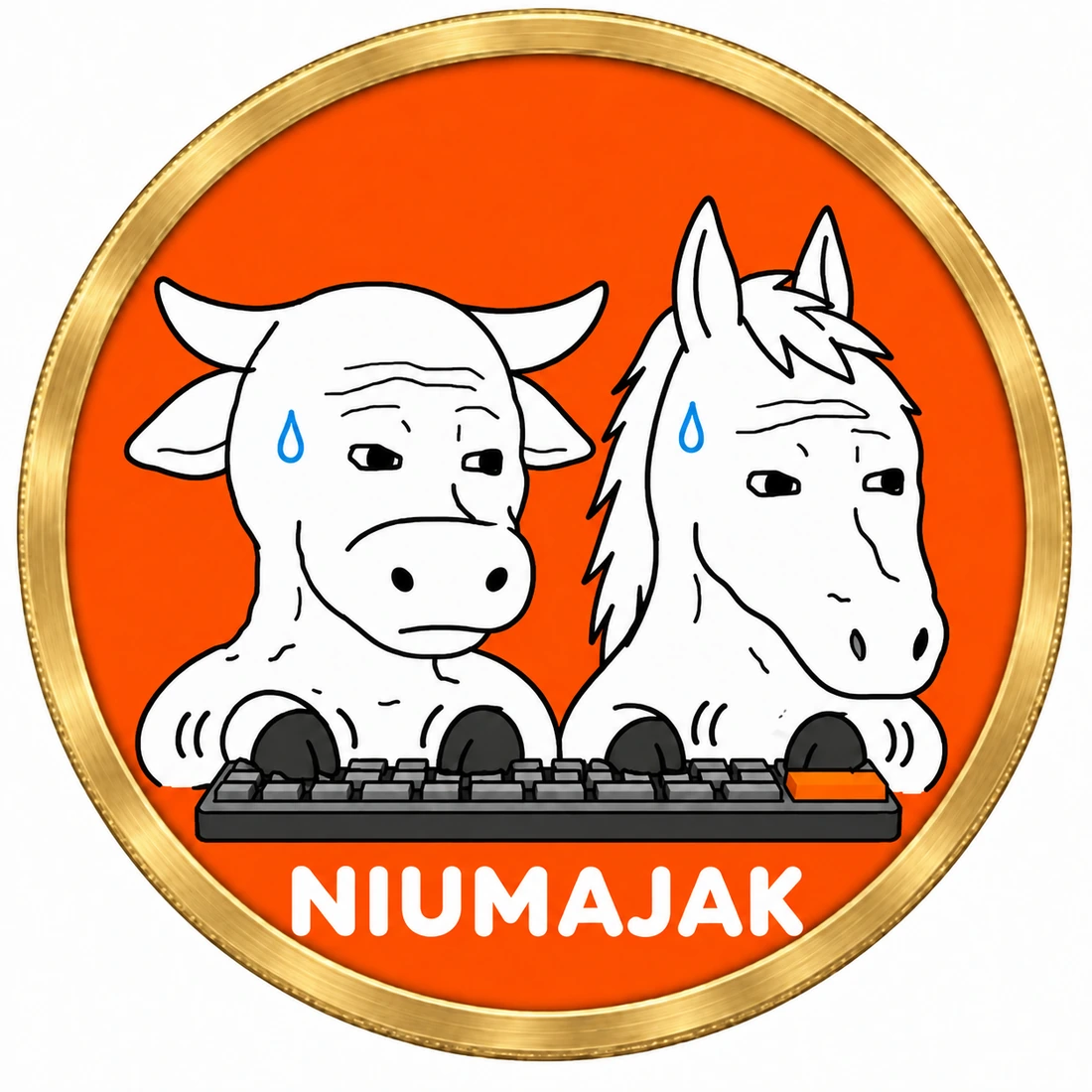 An anxious bull and horse typing at one keyboard inside an orange coin